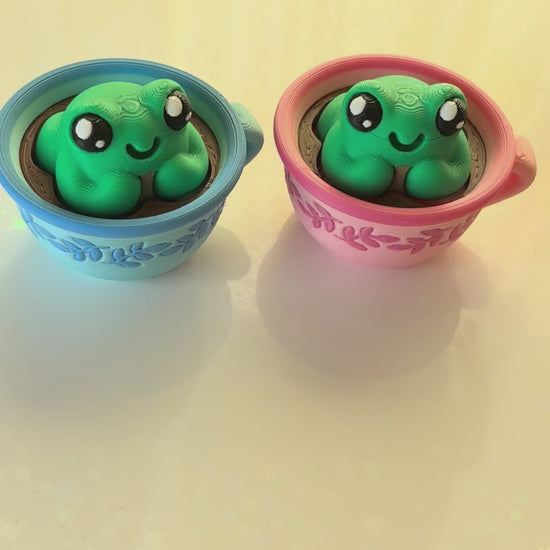 Blue and Pink frog teacup fidget clicker 3D printed pastel cottagecore desk toy