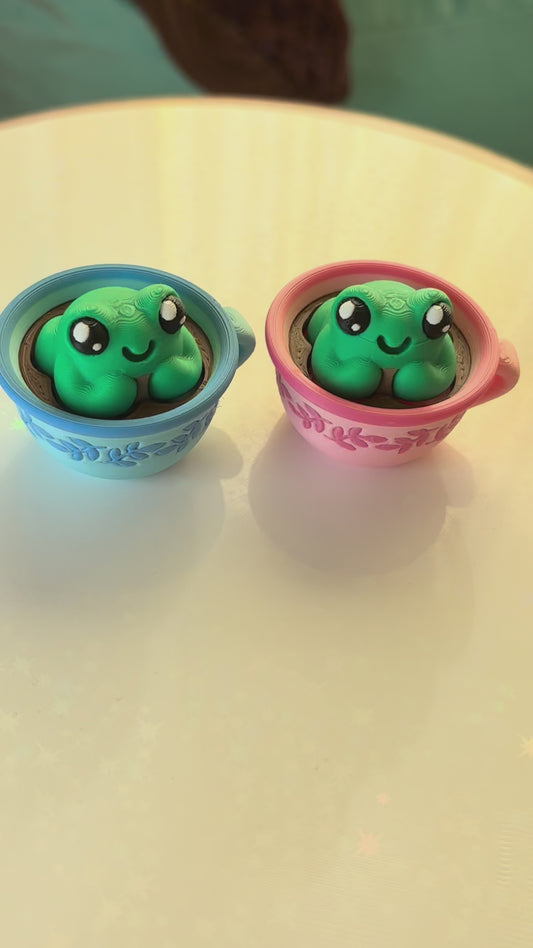 Blue and Pink frog teacup fidget clicker 3D printed pastel cottagecore desk toy