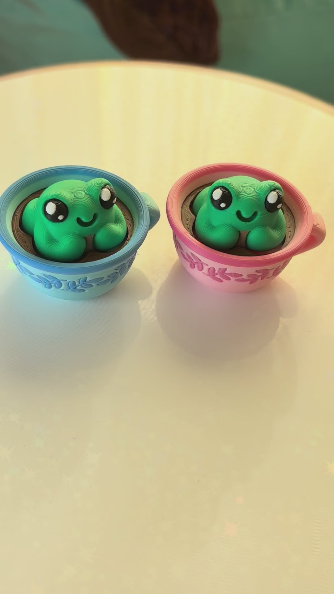 Blue and Pink frog teacup fidget clicker 3D printed pastel cottagecore desk toy